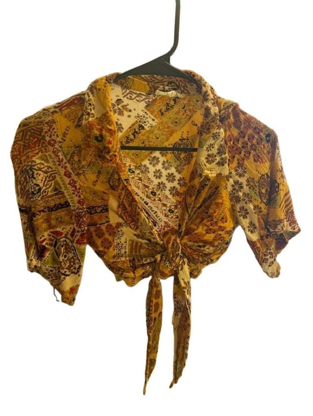 Christian Siriano Yellow Multi-Color Patchwork Tie Front Top
